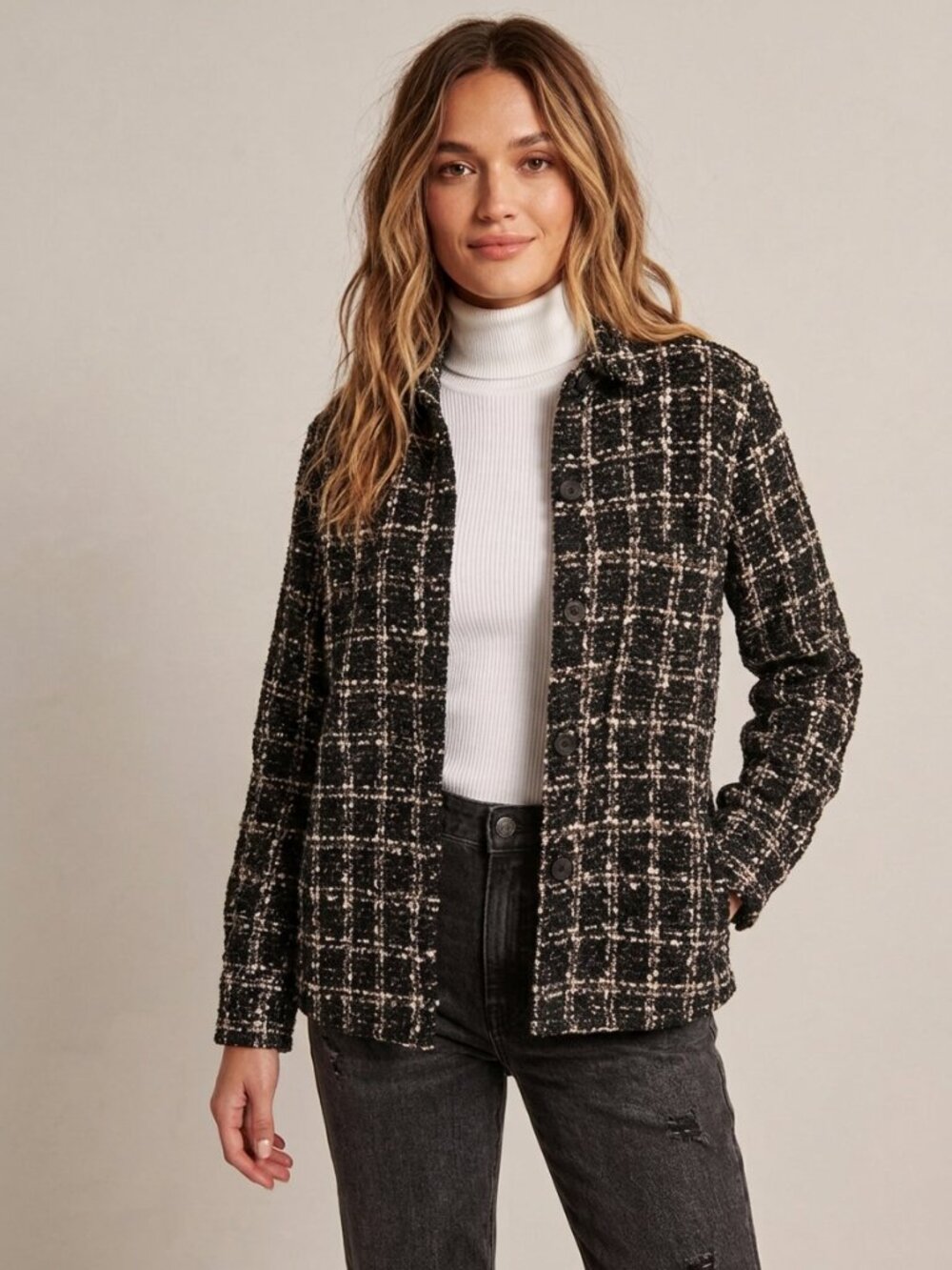 Abercrombie & Fitch Tweed Plaid Oversized Shacket Black Tan XS Womens